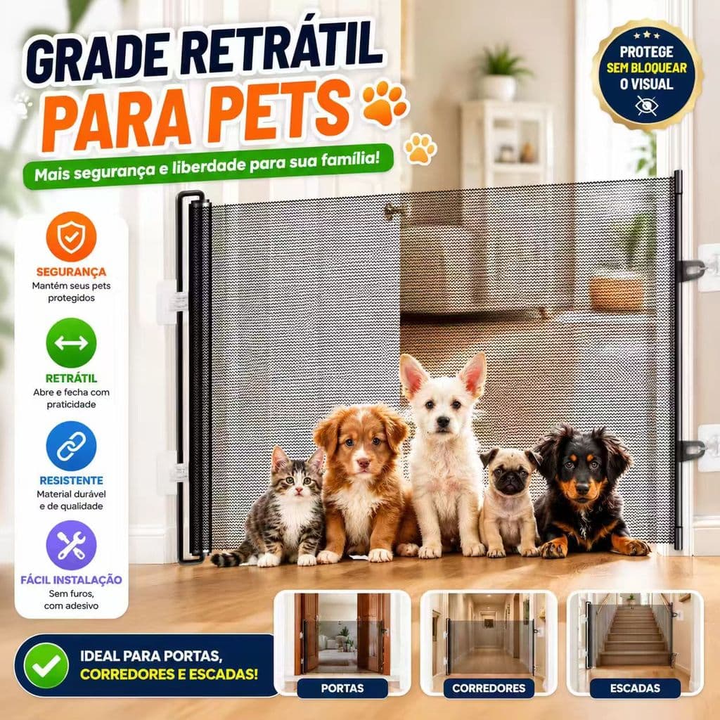 Tela de Proteção Para Cachorro Grade de Segurança Retrátil para Cachorros e Gatos  Instalação Sem Furos Protege Portas