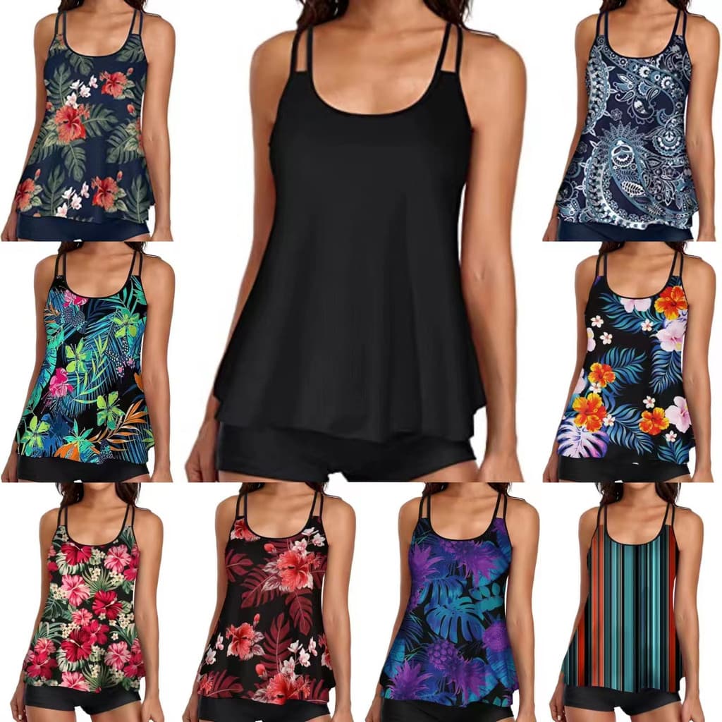 Maiô Tankini Feminino 2026, Controle de Barriga, Conjunto de Duas Peças com Colete de Natação e Calcinha Tipo Boyshorts.