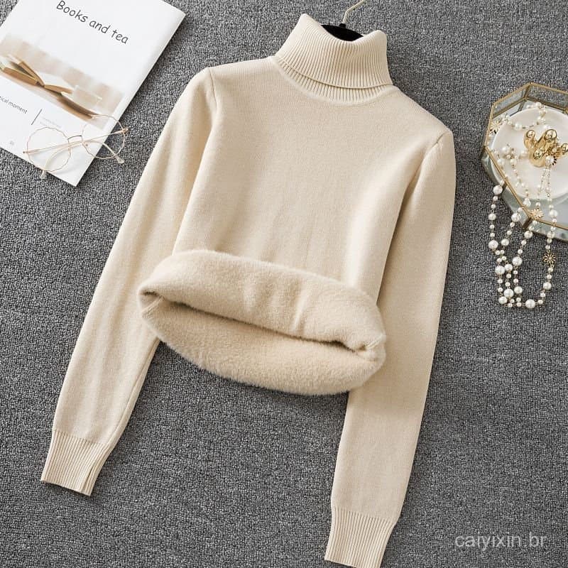 Suéter Feminino de Tricô com Gola Alta, Outono Inverno, Manga Longa, Veludo Grosso XZIS