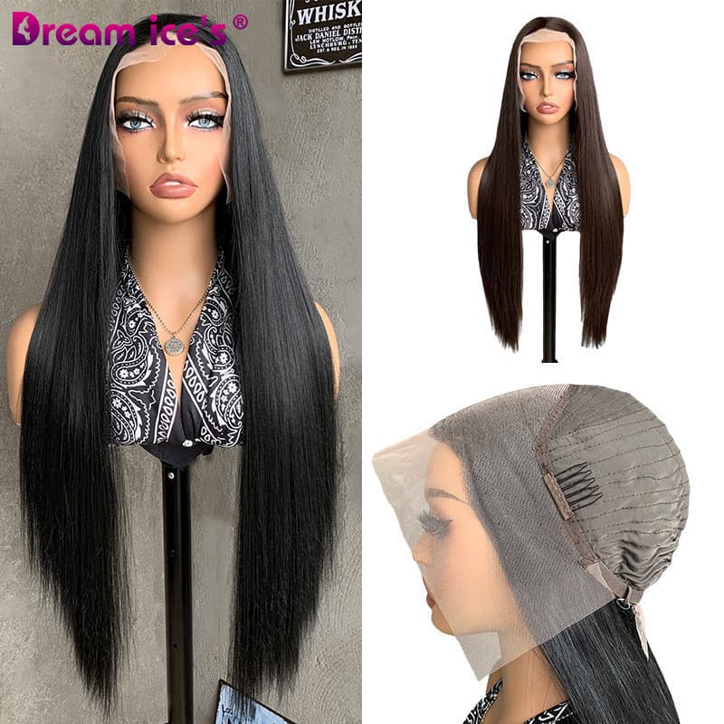 Europeu americano moda frente laço longo cabelo reto peruca de fibra química senhoras chapelaria 13*4 perucas de renda s