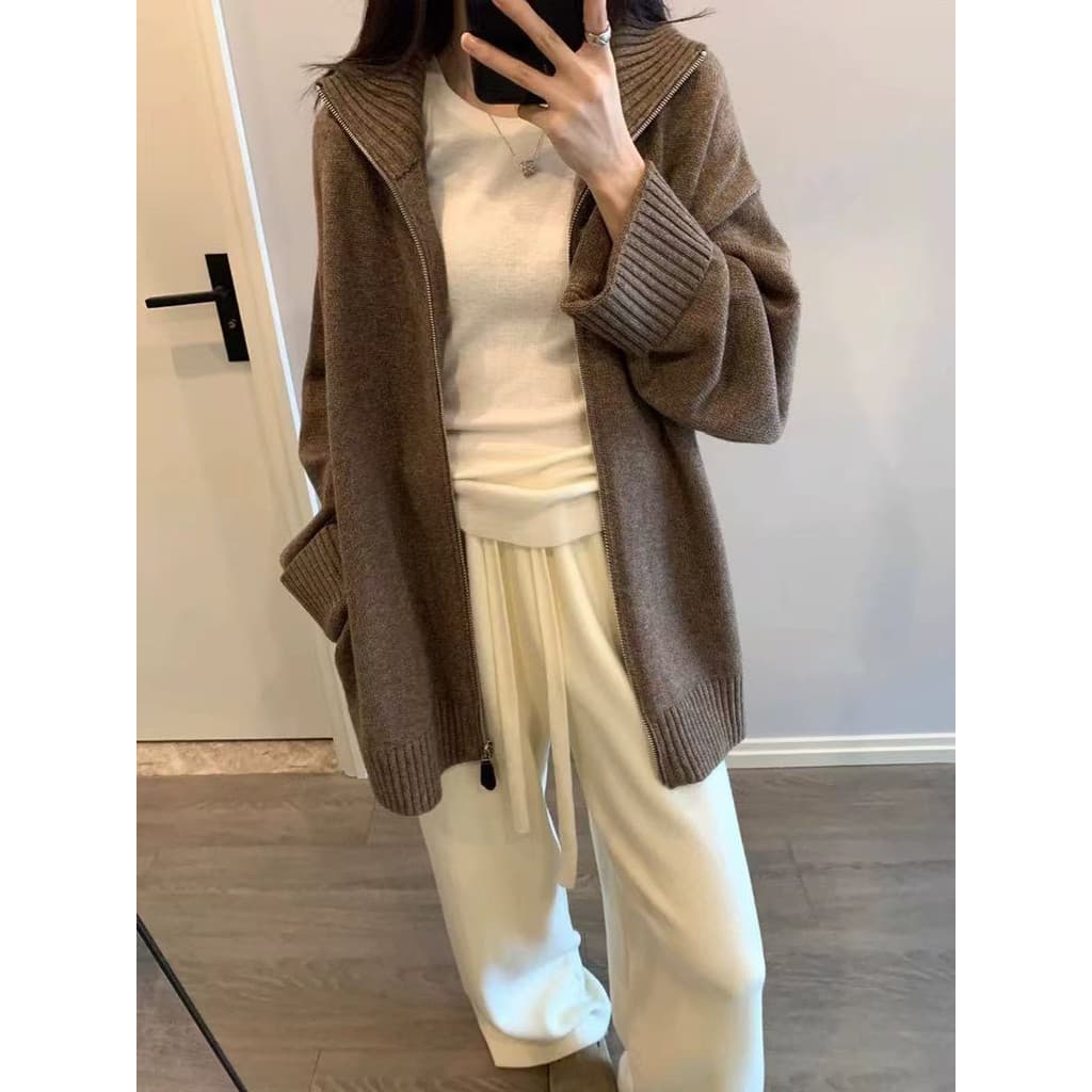 Outono inverno novo estilo zíper gola alta Cardigan feminino Merino camisola de lã pura feminina europeu engrossado malh
