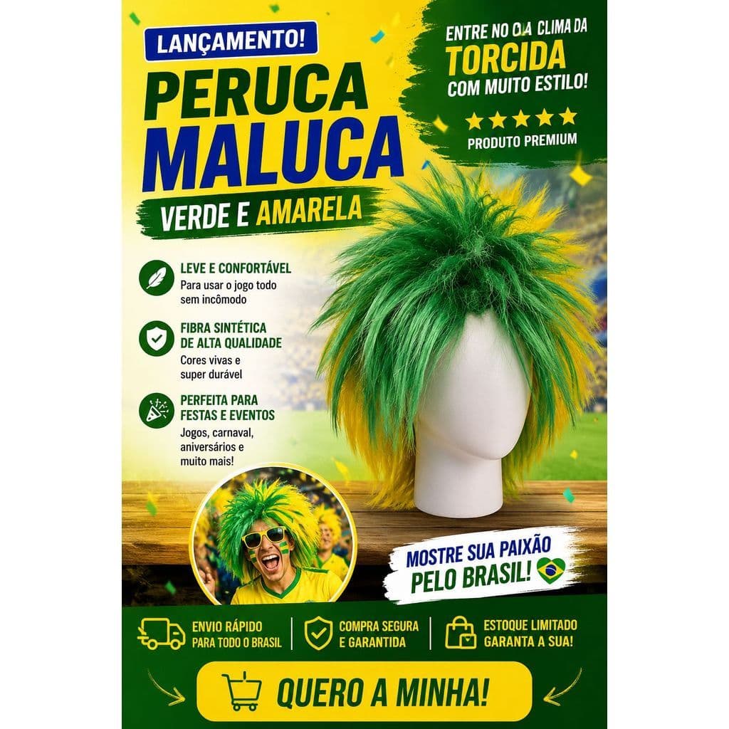 Peruca Maluca  Brasil Verde e Amarela Torcida Copa do mundo – Festa, Jogos e Carnaval