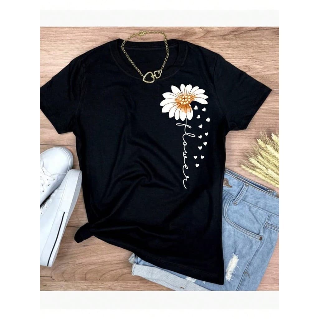 Camiseta T-Shirt Blusa Feminina Flower 100% Algodão Moda Flor