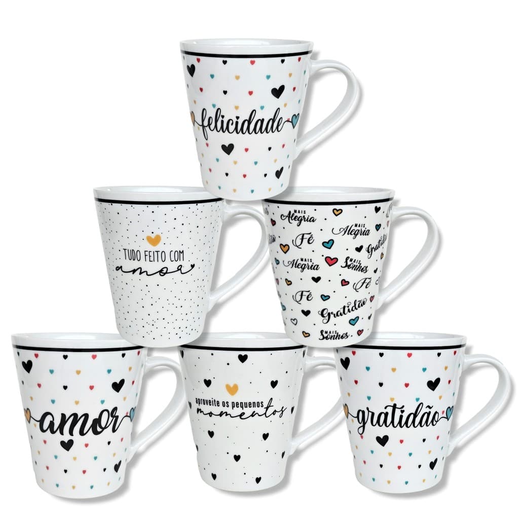 Canecas de porcelana brancas, cônicas, decoradas, 290 ml, xícara, café, chá, Col1-Gratidão