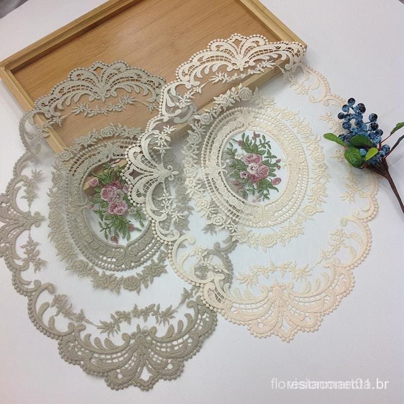 [GrandLarge] Capa De Mesa De Jantar Toalha Bordada Elegante Redonda De Renda Porta-Copos De Café Guardanapo Festa Decora