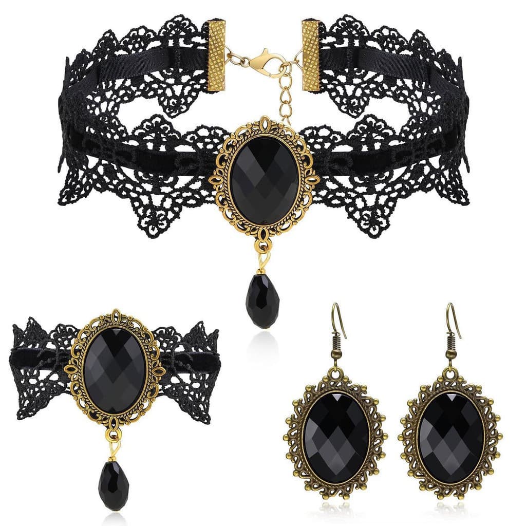 Colar, Pulseira e Brincos Estilo Vampiro Gótico Vitoriano, Acessórios de Fantasia de Halloween para Mulheres, Pira Q1 VY