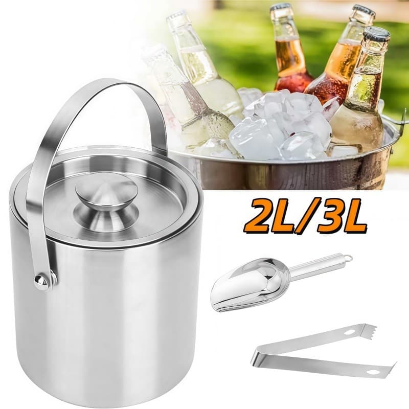 2 L/3 L Balde De Gelo Portátil Para Festas Balde De Gelo De Parede Dupla Com Colher E Pinça Para Gelo