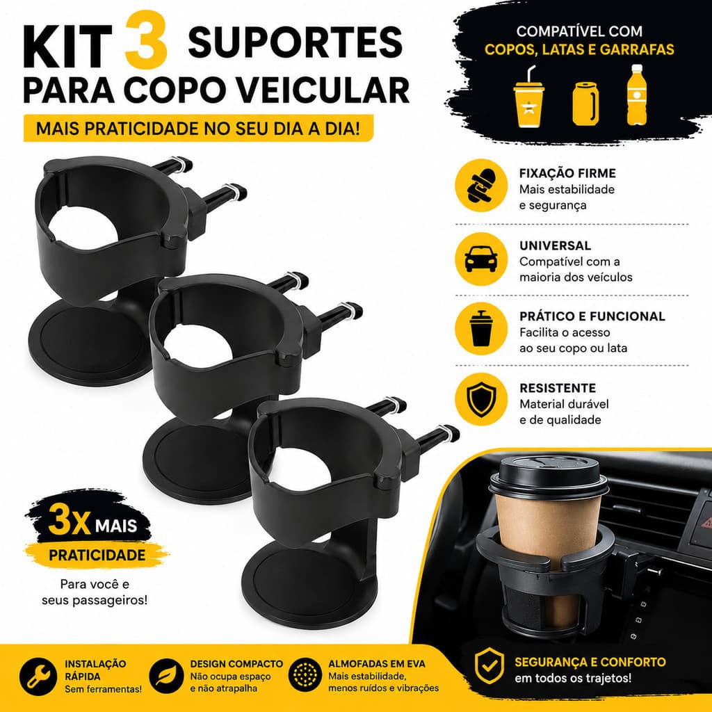 Porta Copos Automotivo Universal | Compatível com Garrafas, Latas e Copos - WANG