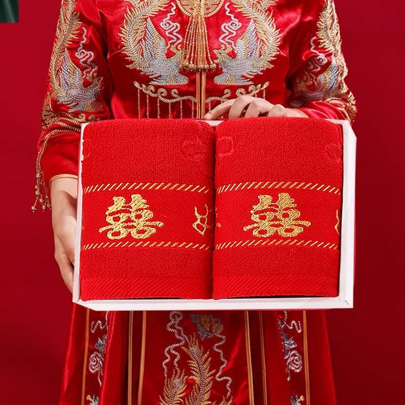 Presente de retorno de casamento algodão puro toalha vermelha caixa de presente um par lembrança grande vermelho feliz p