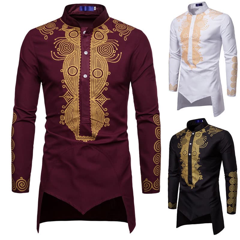 Camisas Longas Masculinas Africanas No Vento Estilo Étnico De Comprimento Médio
