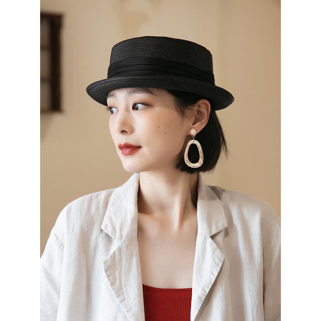 Preto plana chapéu feminino verão novo estilo francês Retro Curling chapéu de palha protetor solar chapéu de palha femin