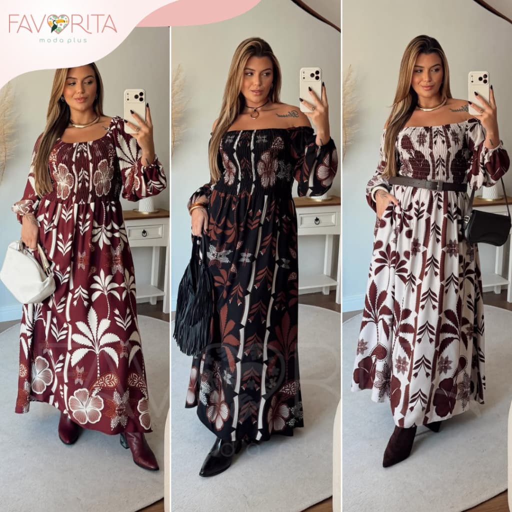 Vestido com Bolso e Forro Manga Longa Estampado Plus Size Chique Elegante Sofisticado