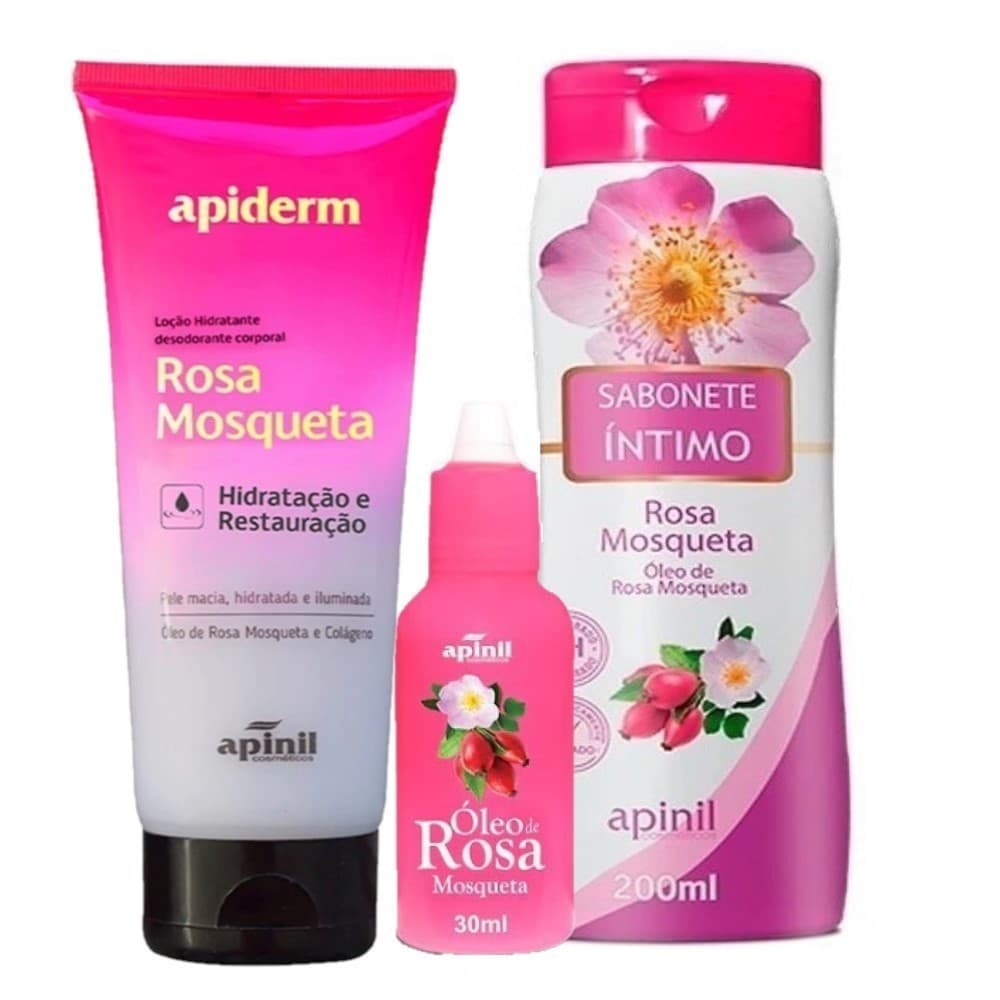 Kit Rosa Mosqueta - Hidratante + Sabonete Íntimo + Óleo Efeito Clareador - Apinil
