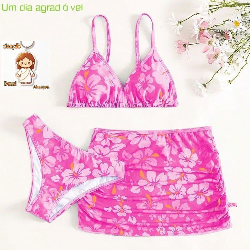 Verão 6 a 16 Anos 56140 Juventude Maiô Sem Pucks 3 Pcs Saia Bikini Floral Bikini Maiô