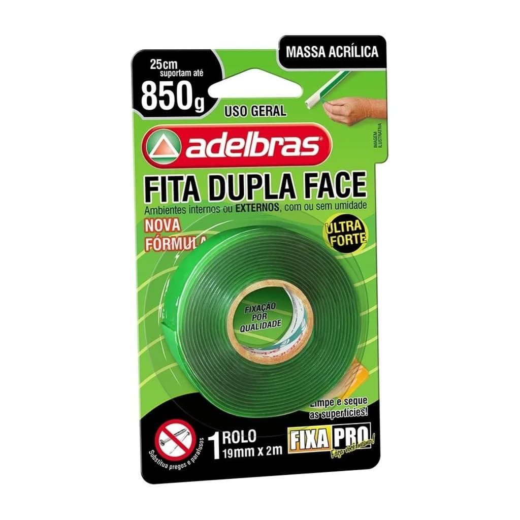 Fita Dupla Face Massa Acrílica Verde 2Mx19MM Fixa Adelbras