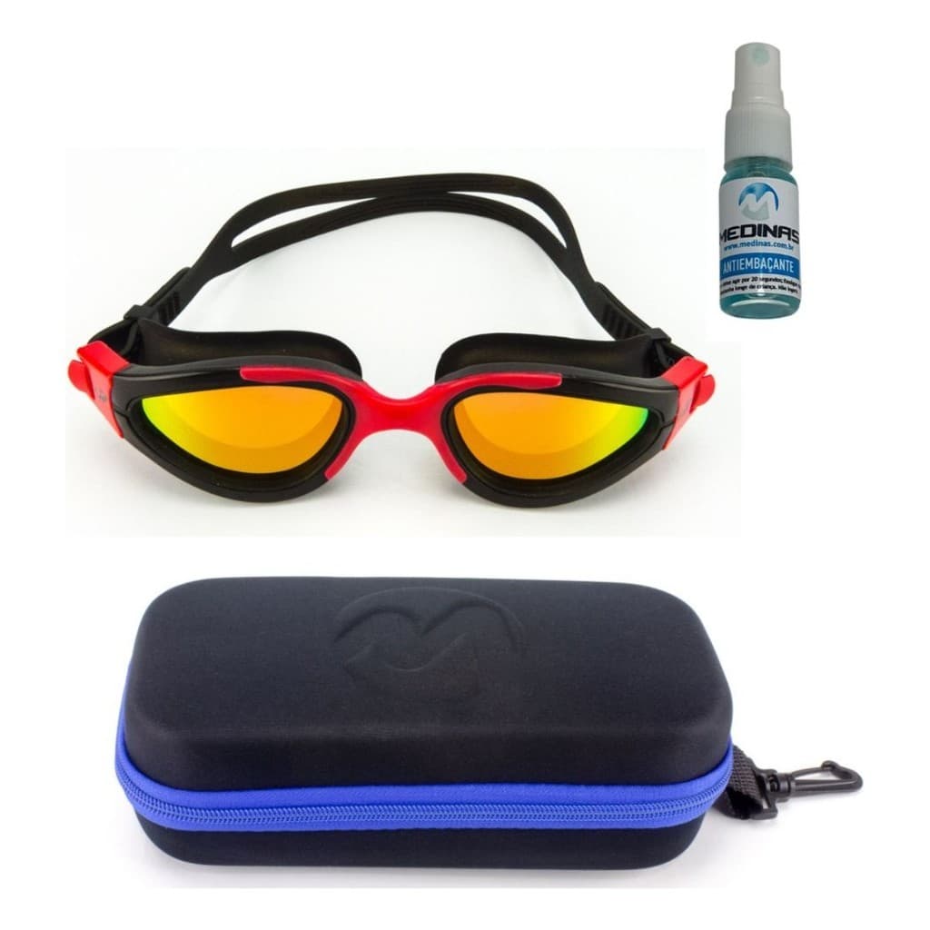 Kit Óculos de Triathlon Espelhado Hammerhead Offshore Polarized Preto/Vermelho + Estojo Medinas Logo Azul + Spray