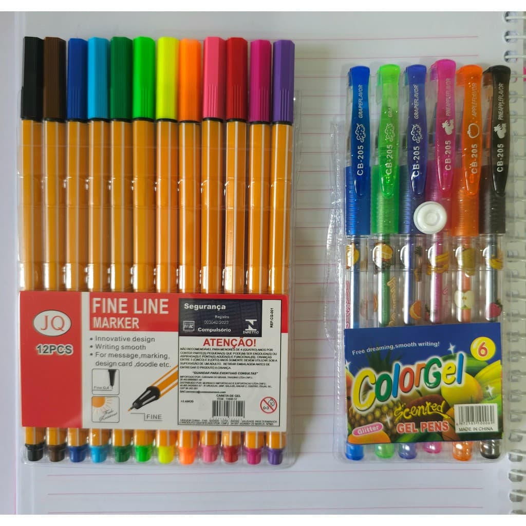 Kit de canetas com 12 cores Fine Line + Kit 6 Canetas ColorGel Coloridas Perfumadas glitter