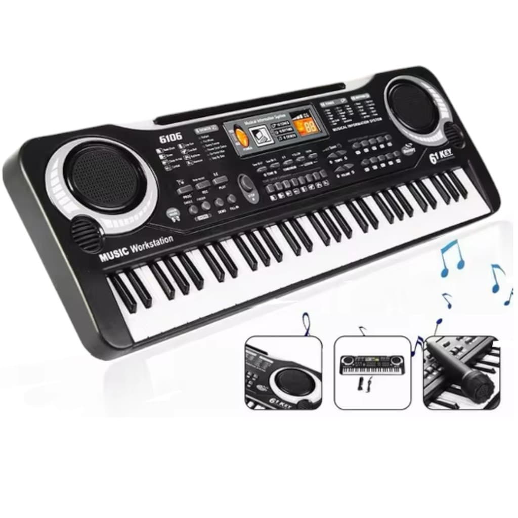 Brinquedo Eletrônico Teclado 61 Teclas Com Microfone e Fonte Preto