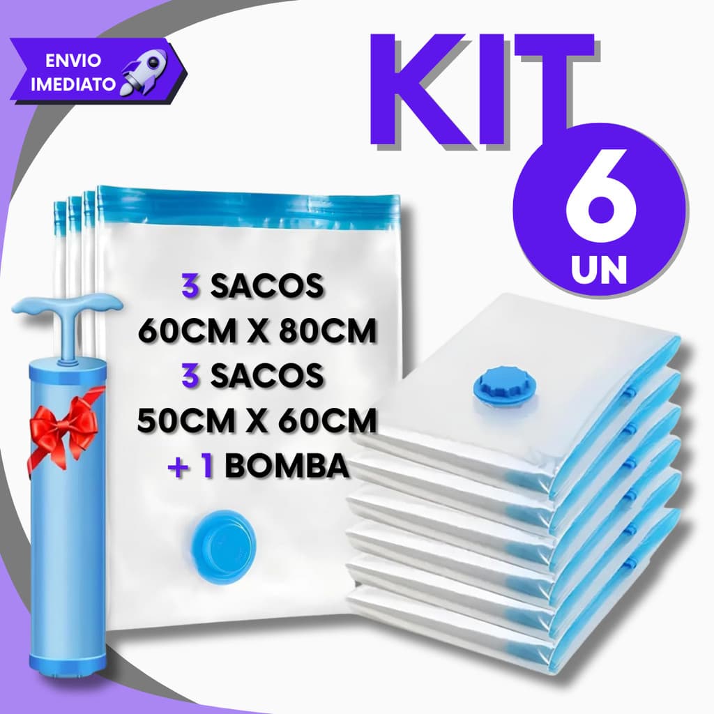 Kit 6 Saco de Armazenamento a Vácuo + Bomba Manual P/ Viagem e Casa