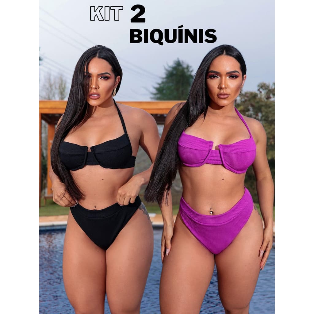 2 Biquínis Hot Pant Retro Meia Taça Cintura Alta Semi Fio