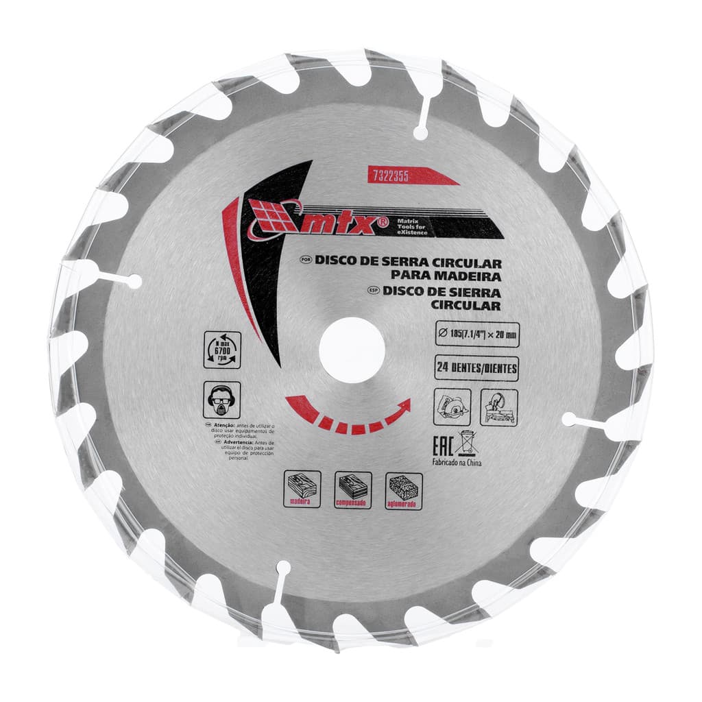 DISCO SERRA CIRCULAR PARA MADEIRA, 185MM (7,1/4POL.) X 20MM, 24 DENTES, 1PC // MTX