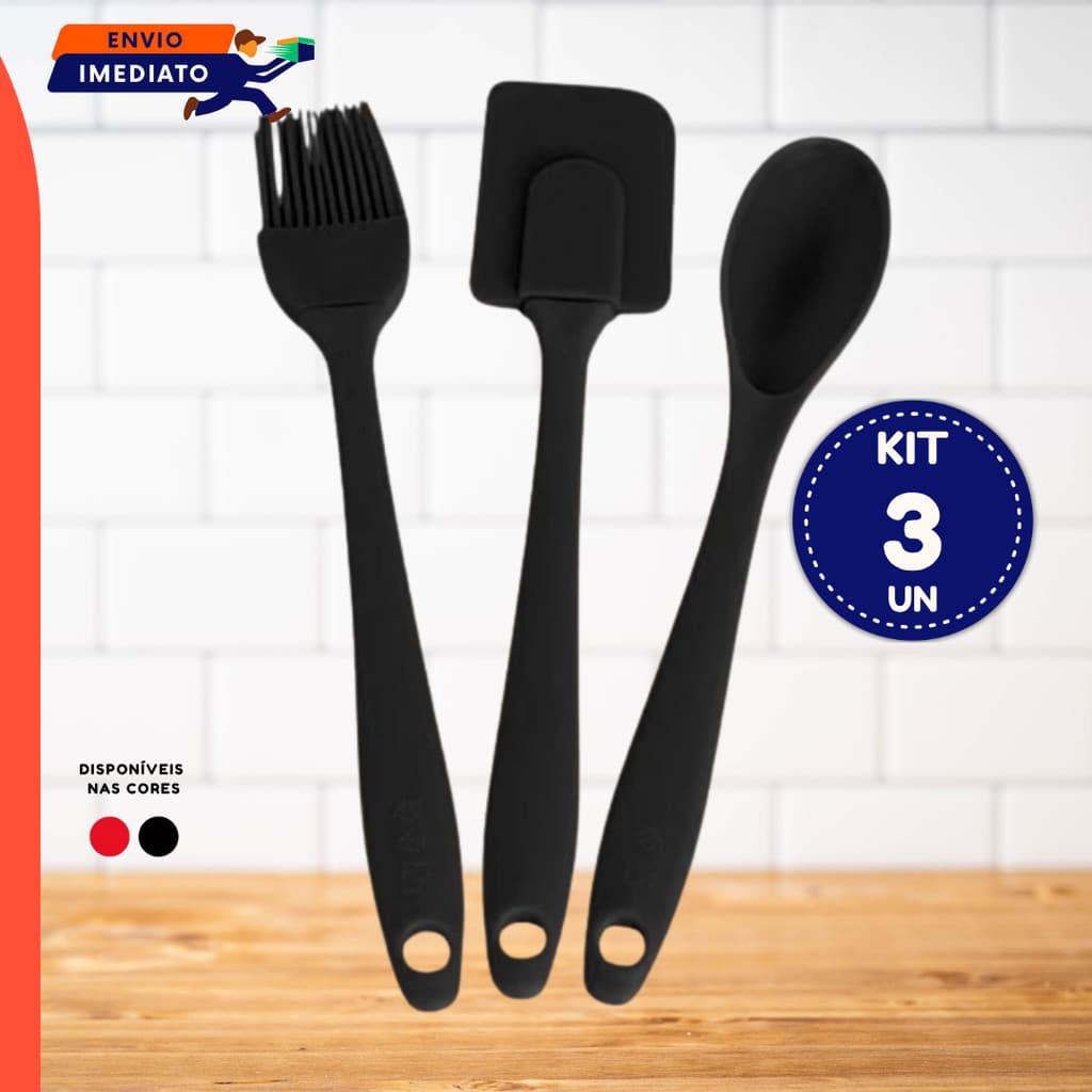 Colher de Silicone ou 03 Utensílios Silicone Para Cozinha Colher, Espátula Pão Duro e Pincel Culinário Vermelho ou Preto