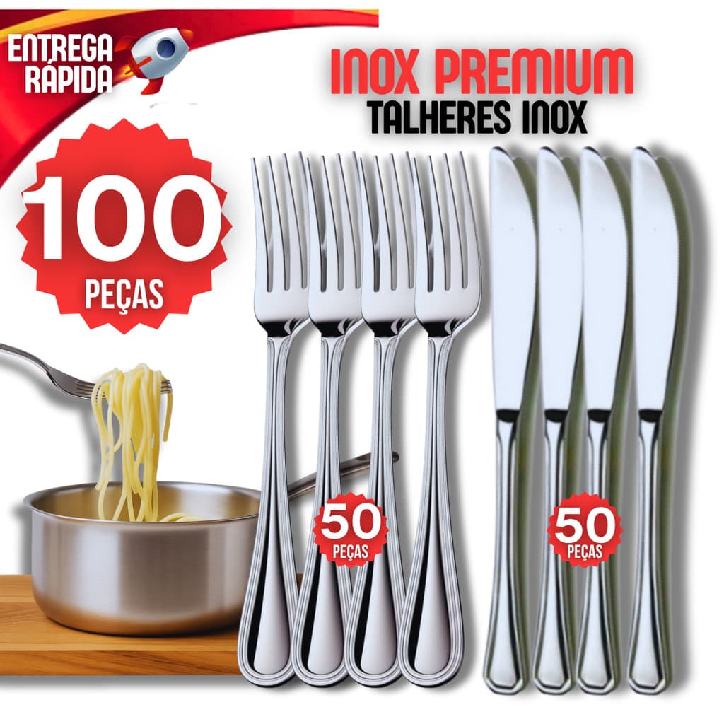 Conjunto 100 Garfo Faca Premium Buffet Restaurante Lanchonete Talher 100% Aço Inox 50 Garfo 50 Faca