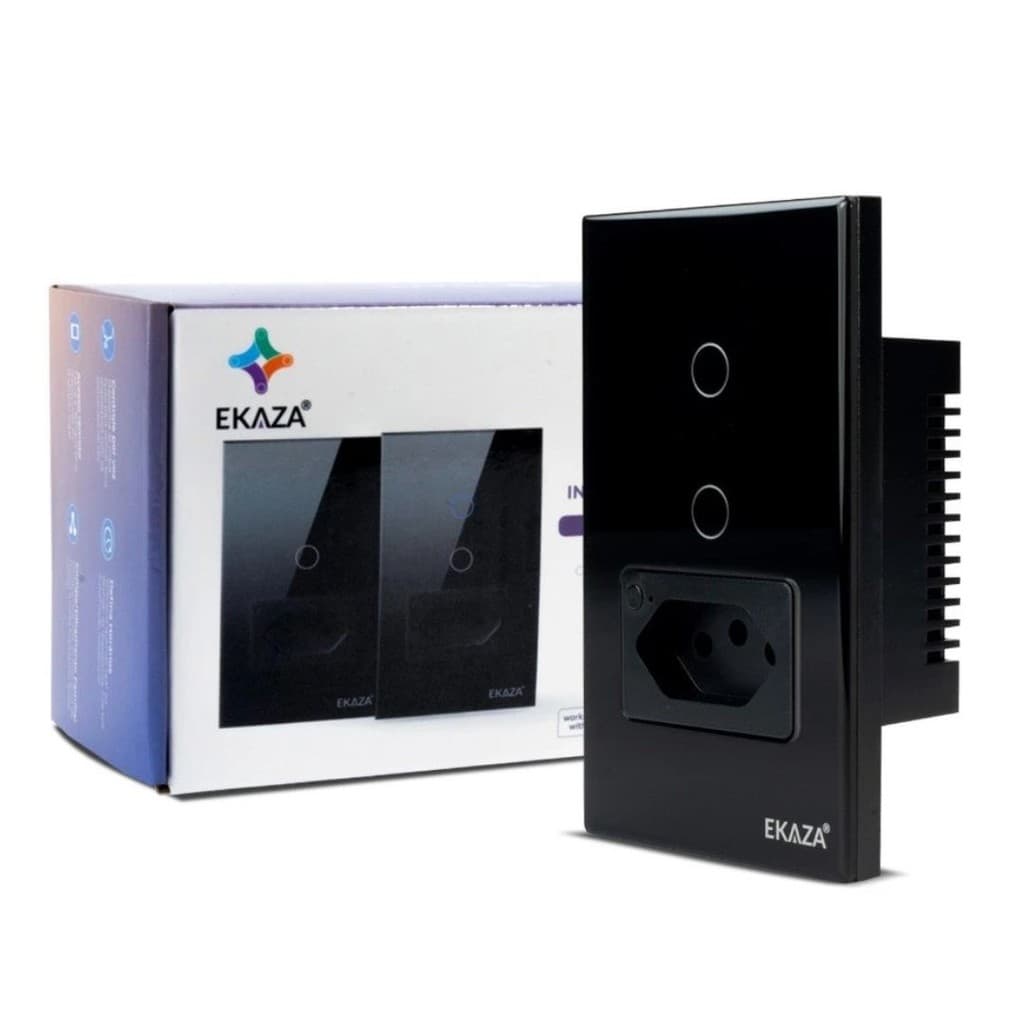 Interruptor Touch Inteligente 2 Botões Com Tomada 20A Wi-Fi Ekaza Preto - 4x2
