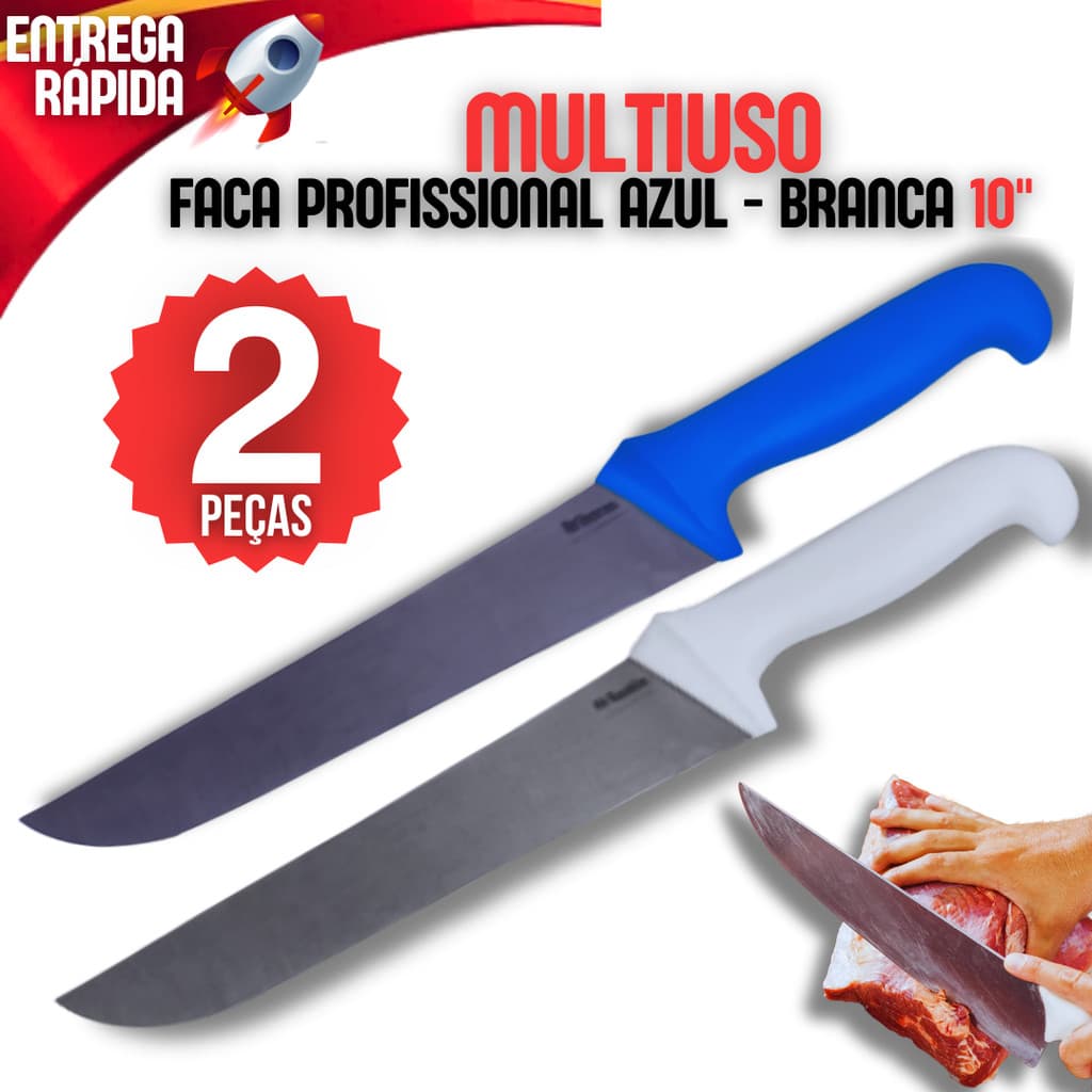 Kit 2 Facas 10" Azul e Branca Casa Açougue Açougueiro Churrascaria Cozinha Faca Afiada