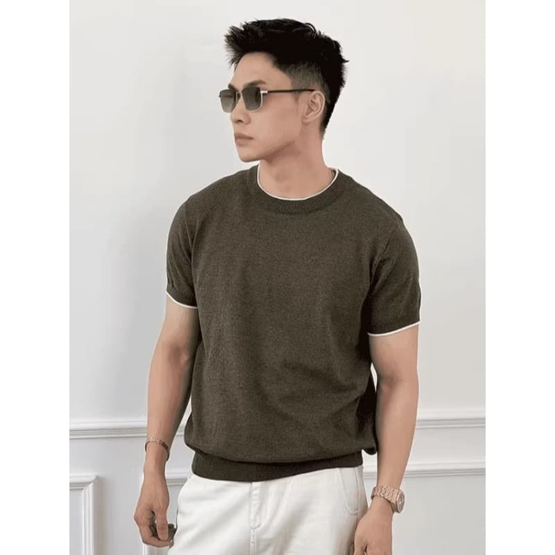Americano Retro velho dinheiro estilo em torno do pescoço camisola masculina verão manga curta contraste cor falso Desig