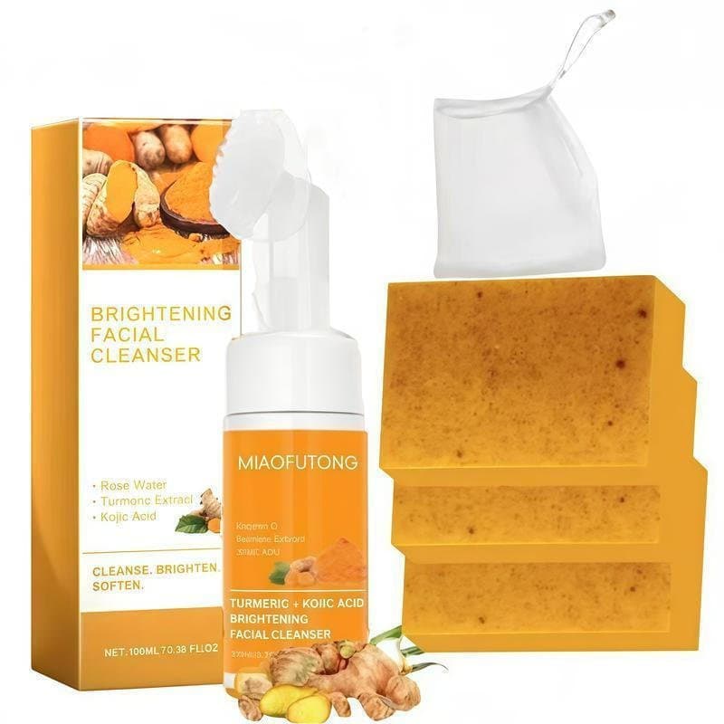 Conjunto de dois produtos Turmeric Wash and Care: Mousse de Limpeza com Cúrcuma, Sabonete Facial com Cúrcuma, Cuidados c