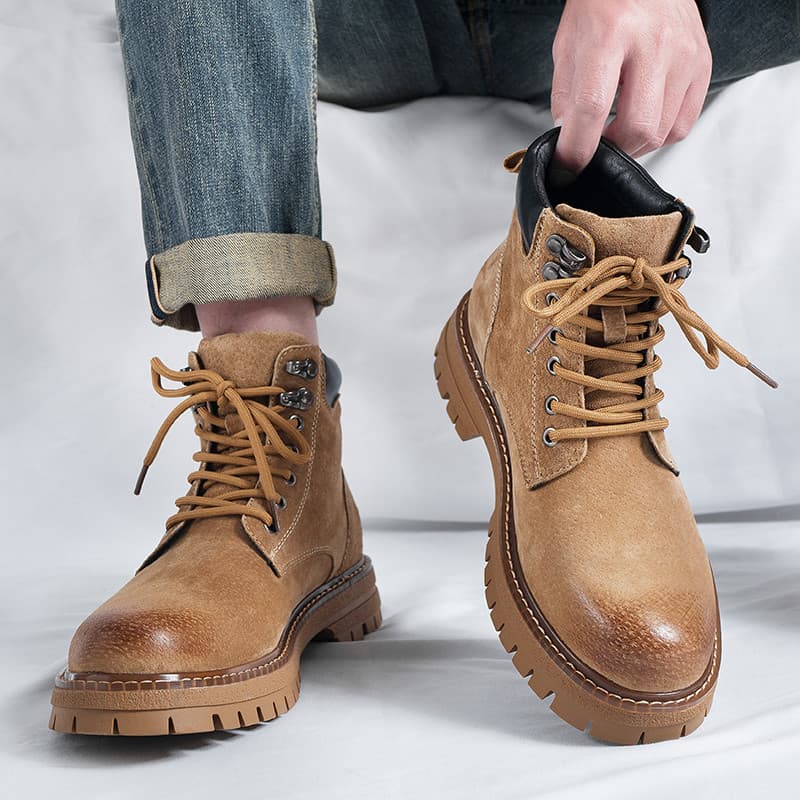Botas Martin de couro genuíno masculino primavera novo estilo de cano alto de sola grossa botas de ruibarbo aumentadas a