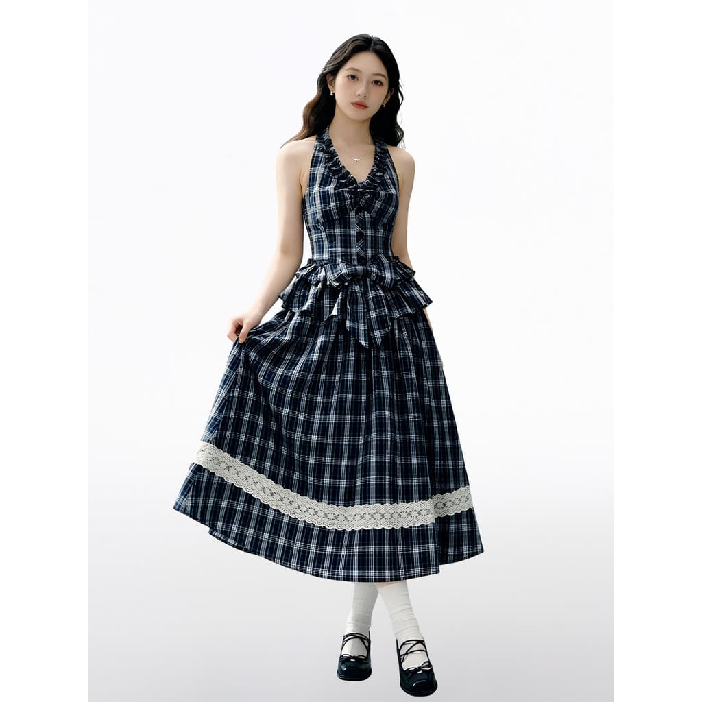 Estilo coreano azul marinho arco halter pescoço babados superior saia de renda fofo halter saia feminina verão terno de