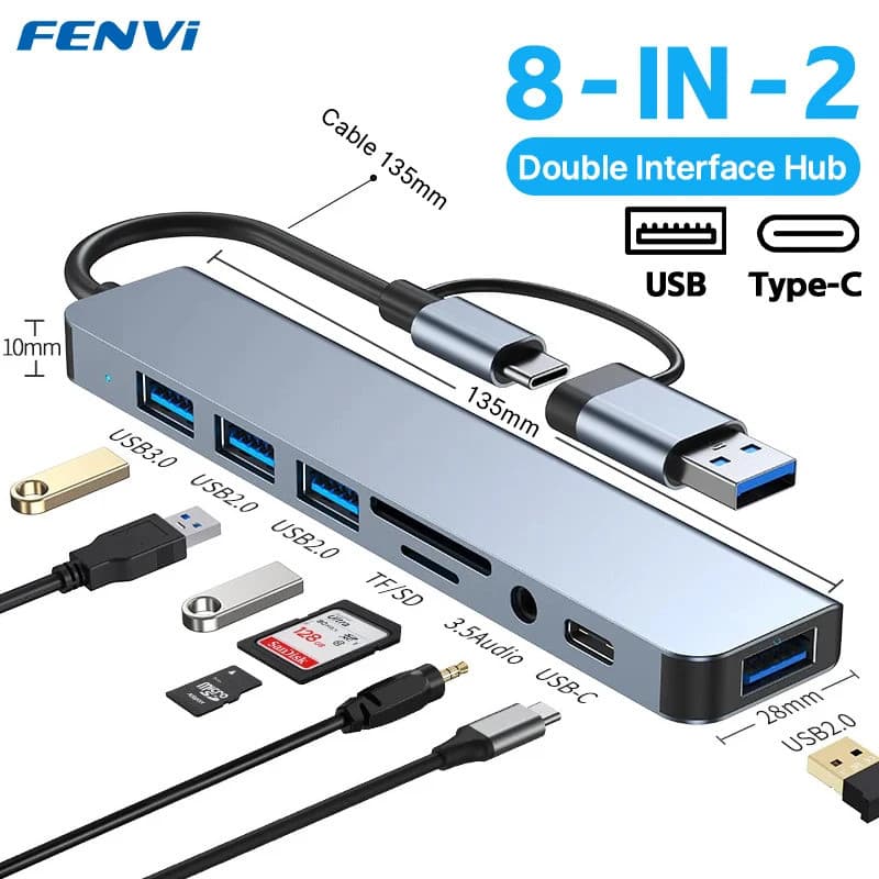 FENVI 8 in 2 Ports Type C Hub 3.0 USB C Concentrator Docking USB 3.0/2.0 Multi Adapter SD TF Card Reader Audio Extender