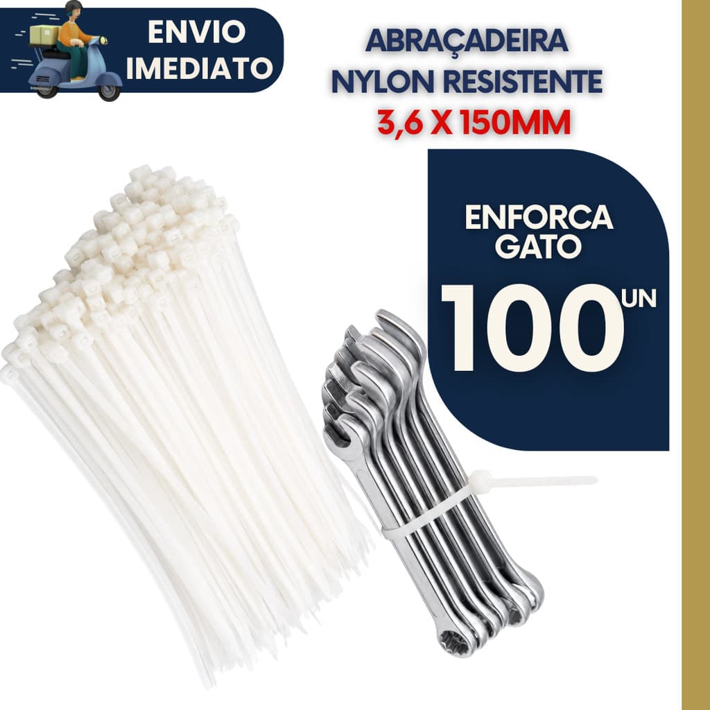 Kit 100 Enforca Gato Abraçadeira de Nylon  3,6x150mm Branca Cinta Plástica p Fios Resistente p/ Fios