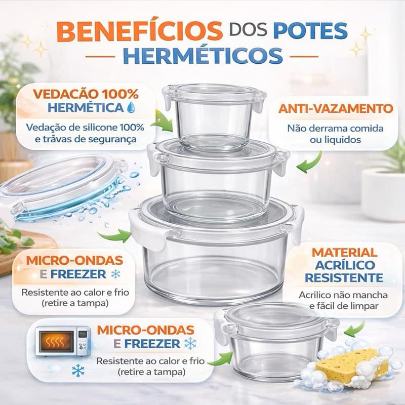kit 3 Potes Herméticos Redondo 360ml 160ml 60ml com tampa