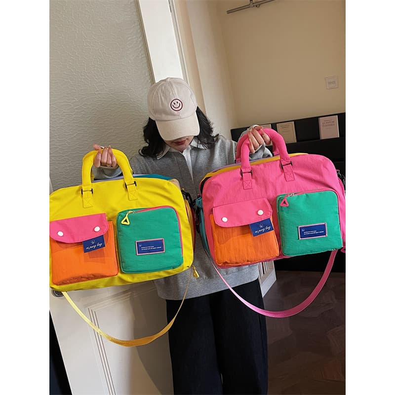 Saco de viagem grande capacidade feminino portátil saco de bagagem contraste cor bolsa de viagem de curta distância à pr