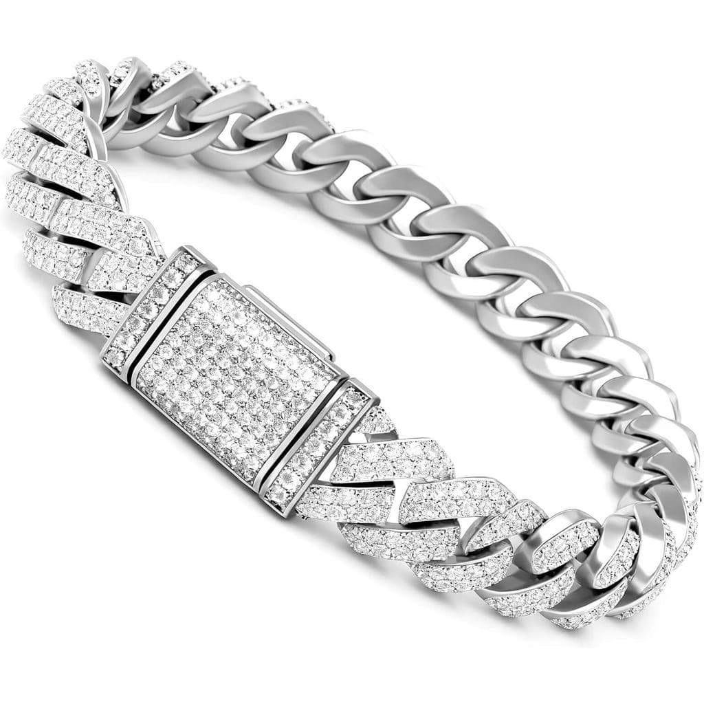 Pulseira Brilhante com Diamantes para Homens, Corrente de Elo Cubano Miami com Diamantes Brilhantes e CravaçãPinos