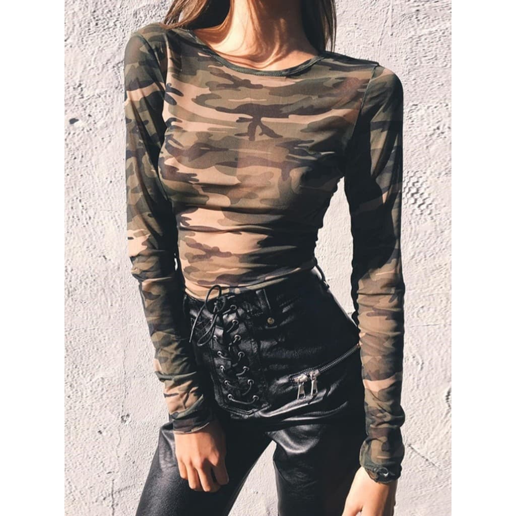 top Feminino De Malha Camuflada De Manga Comprida