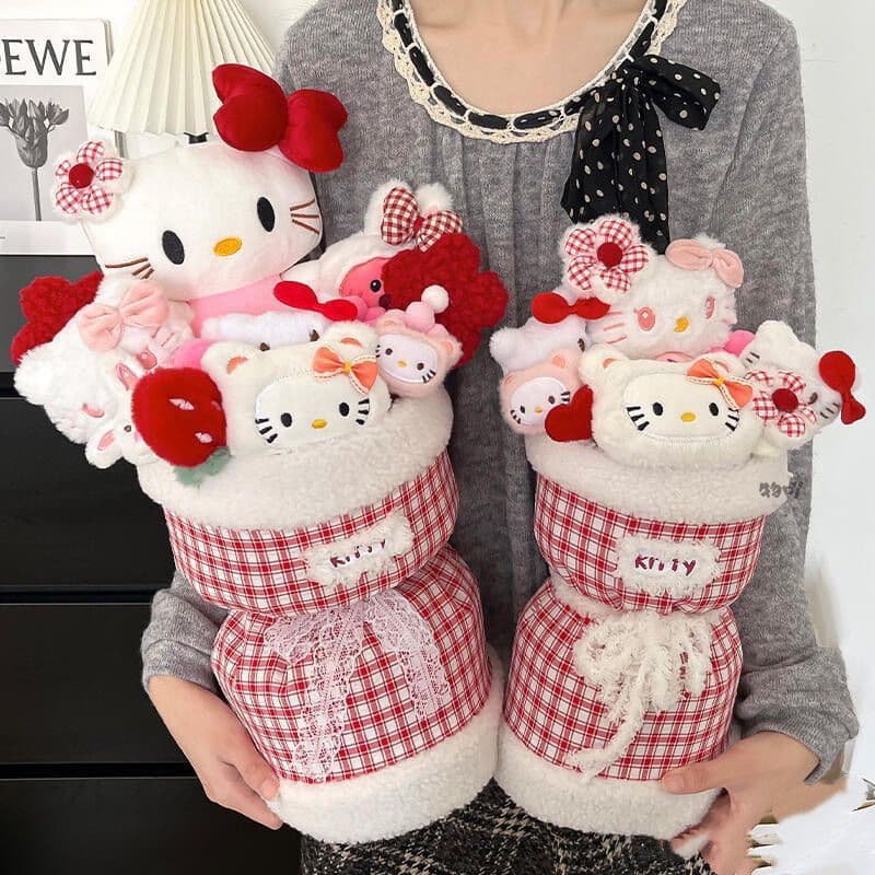 54677HelloKitty Boneca Buquê Menina Coração Bonito Boneca de Pelúcia Flor Presente Cartão COD Presente de Natal Infantil