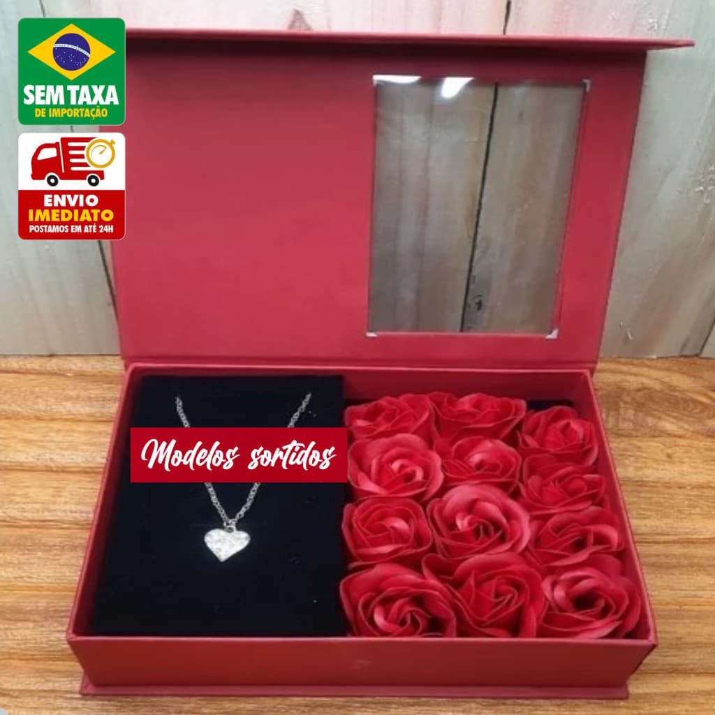 Caixa de presente romântica com suporte para joias, contendo uma rosa vermelha e um colar, um presente de amor para sua