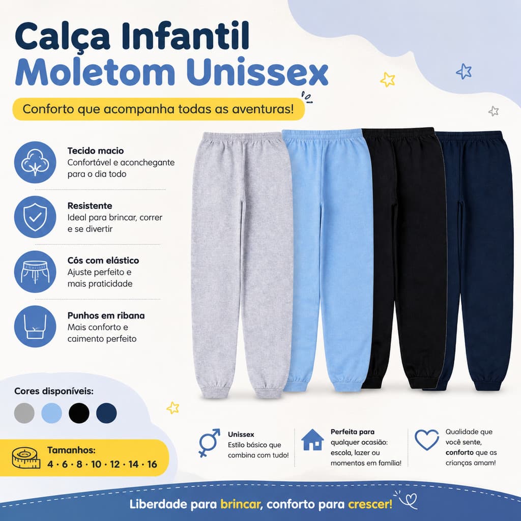 Kit 3 Calças Moletom Infantil Volta as Aulas 100% Algodão Escola Passeio Menino Menina Unissex Lisa