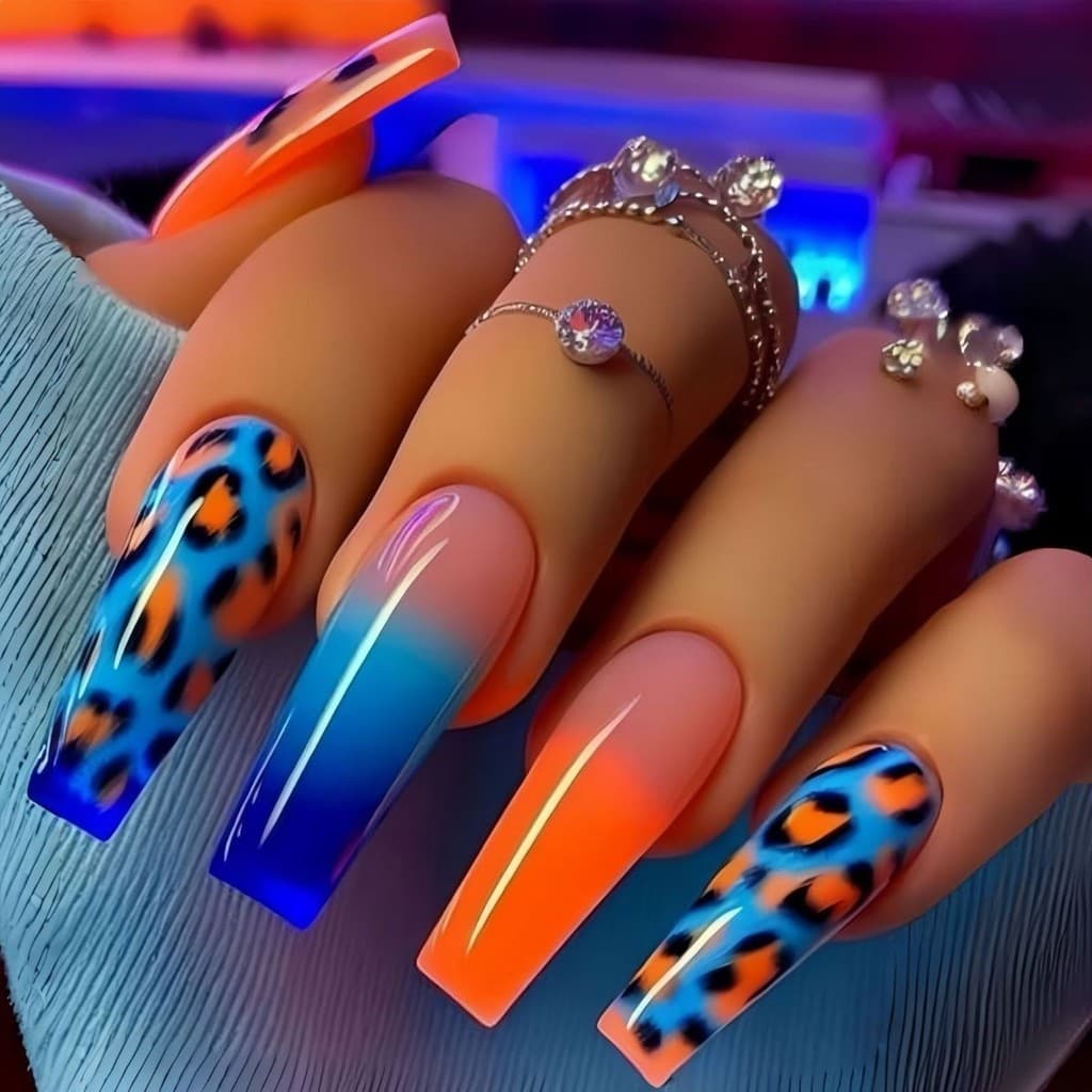 Prego longo Wearable Ballet prego azul leopardo impressão francês falso estilo de unha destacável peça de Manicure