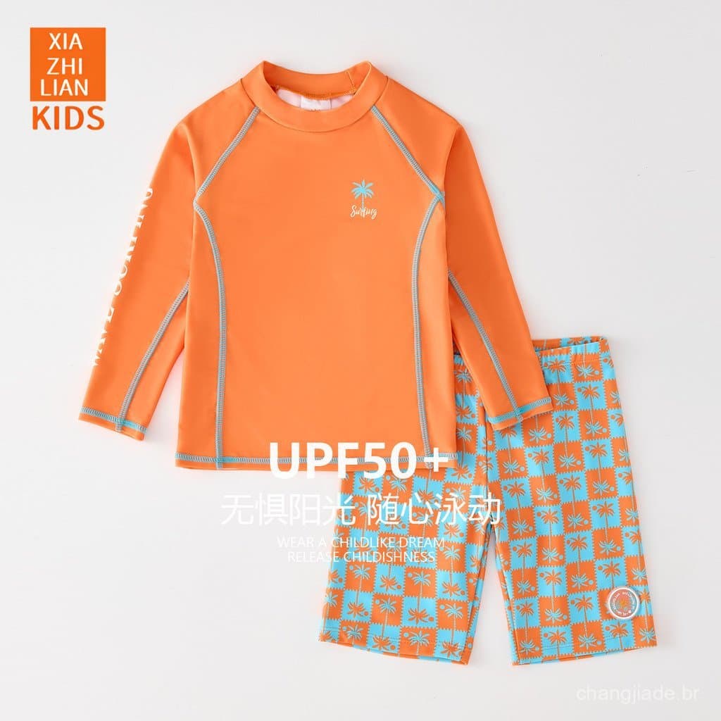 Novo traje de banho infantil coreano para meninos, de duas peças, com mangas compridas, proteção solar, secagem rápida,