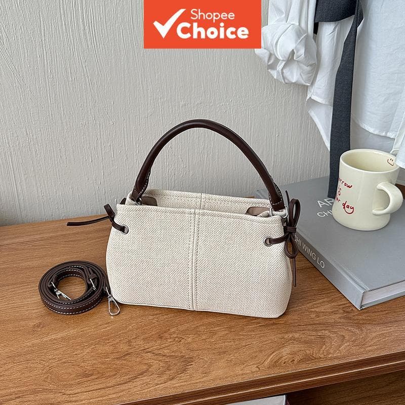 Bolsa de mão de lona bege com cordão | Bolsa tiracolo minimalista com zíper e alças duplas em PU marrom para mulheres