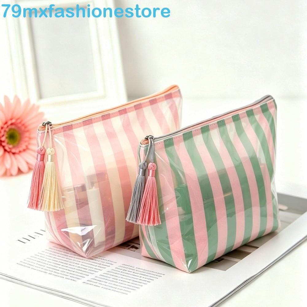 Bolsa De Higiene Pessoal Para Viagem Com Franjas MXFASHIONESB , Cosmética Listrada De PVC Portátil De Grande Capacidade