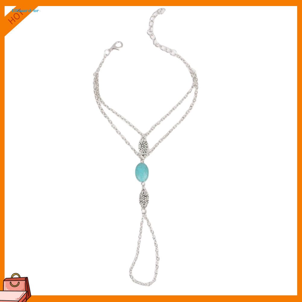 Feminino Oco Esculpido Flor Falso Turquesa Arnês Mão Corrente Anel Link Pulseira