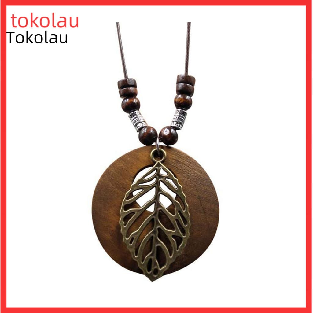 Layered Pendant Necklace Long Sweater Chain Women with Wooden Beads and Rose Retro Ethnic Style Jewelry Single-layer for