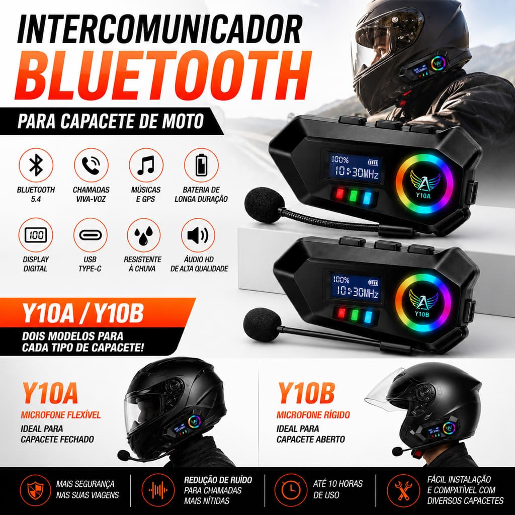 Fone Bluetooth para Capacete Moto Y10A Y10B com Display Digital, Microfone, Música e GPS
