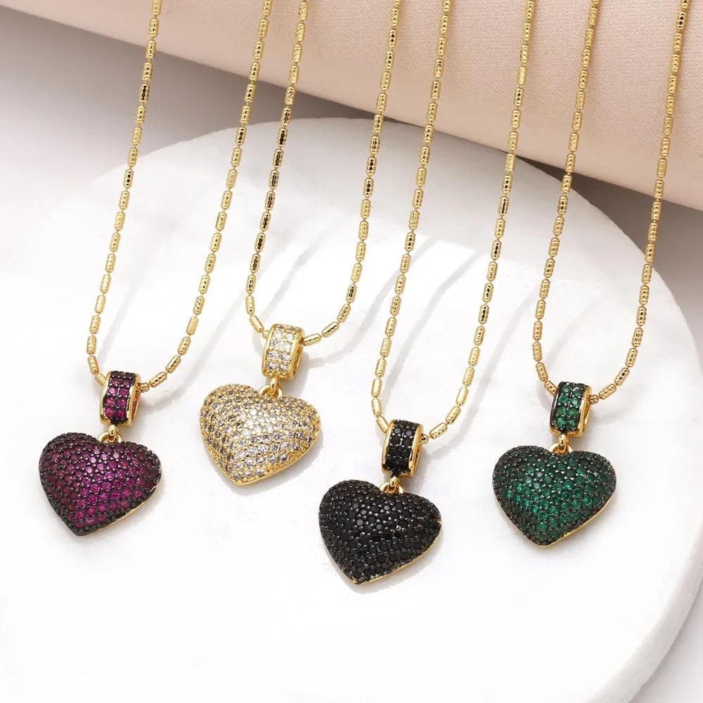 Colar Luxuoso de Coração de Cristal Verde (Estilo Feminino) / Colar Curto de Cobre Banhado a Ouro / Joias Cravej 2QII